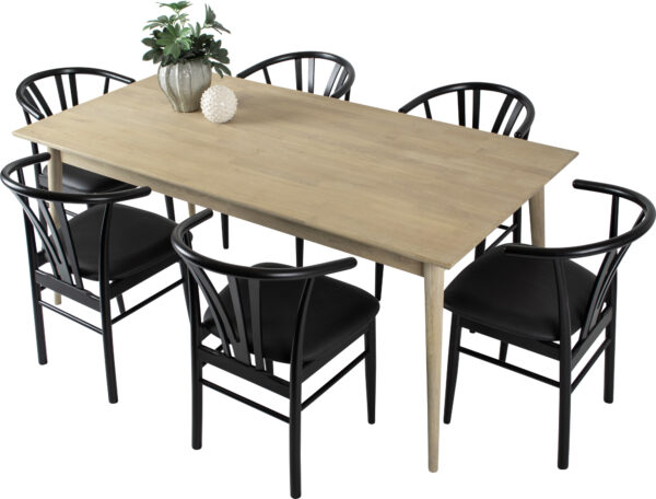 Style Spisebord I Eg Inkl 6 Stk. Devon Spisestole, Sort Læder/eg