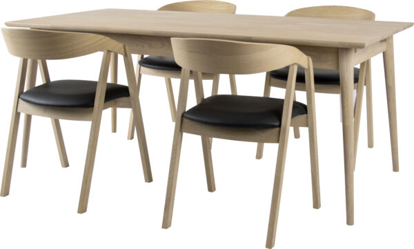 Style Spisebord I Eg Inkl 6 Stk. Dicte Spisestole, Sort Læder/eg